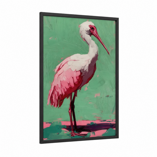 Pink Pelican framed art print — black wood frame — pink and green palette