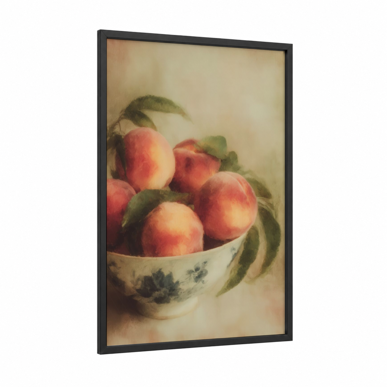 Peachy Still Life framed fruit print — black wood frame — peach and sage green palette