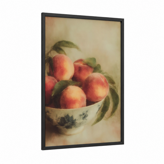 Peachy Still Life framed fruit print — black wood frame — peach and sage green palette