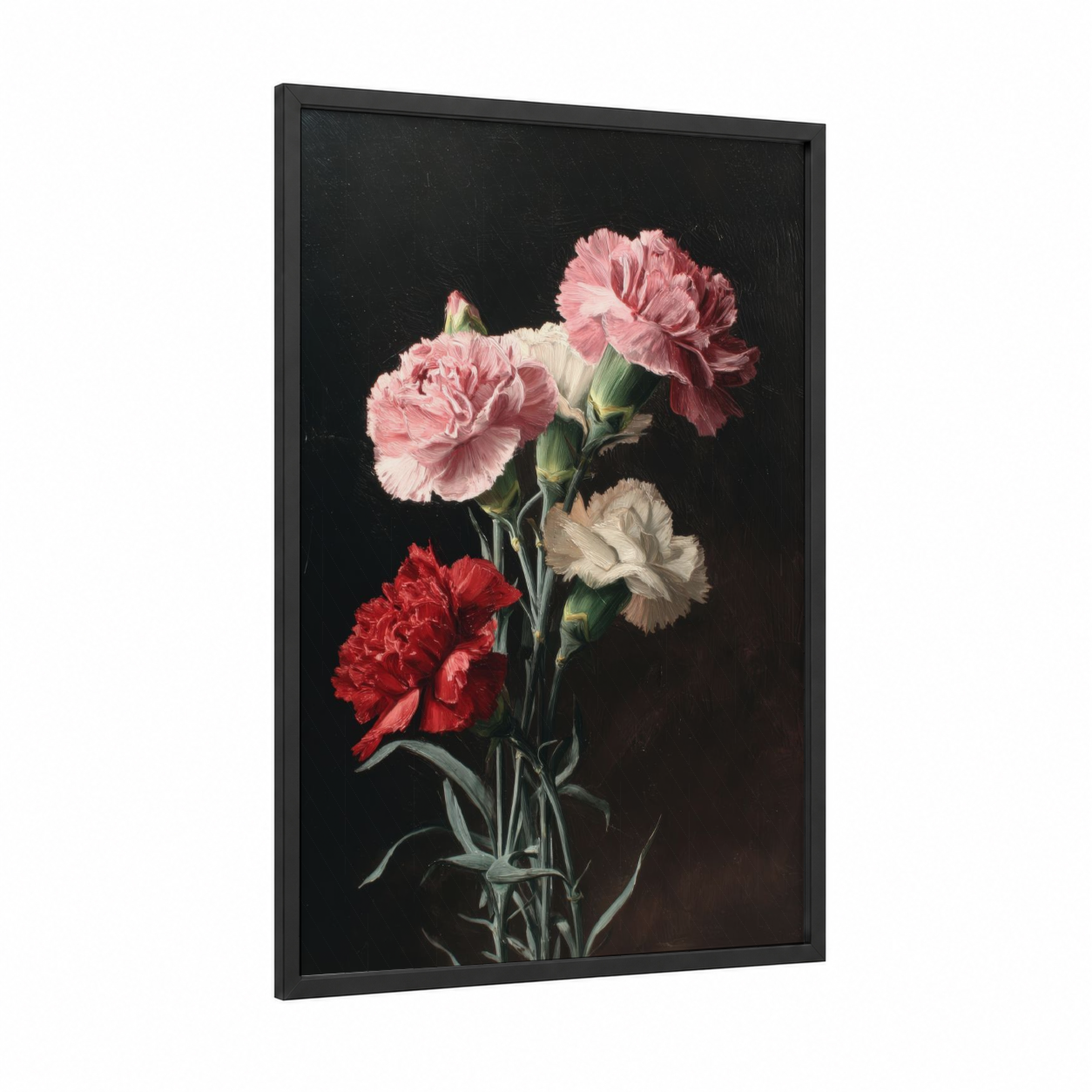 Romantic Carnation Bouquet framed carnations print — black wood frame — pink and black palette
