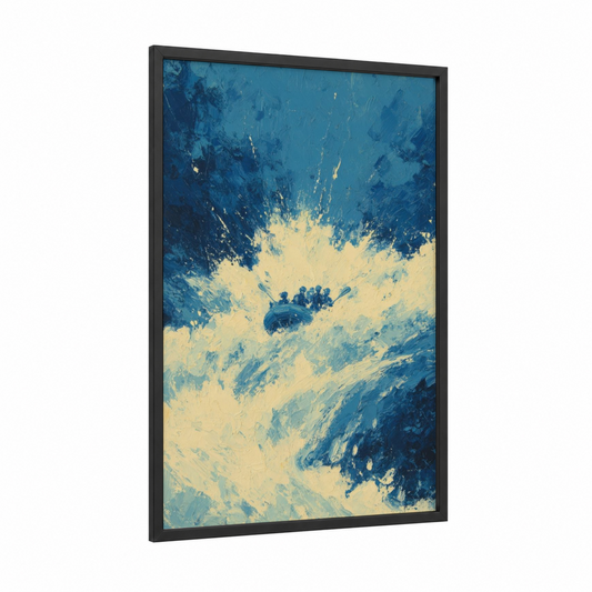 Whitewater Adventure framed rafting print — black wood frame — blue and yellow gold palette