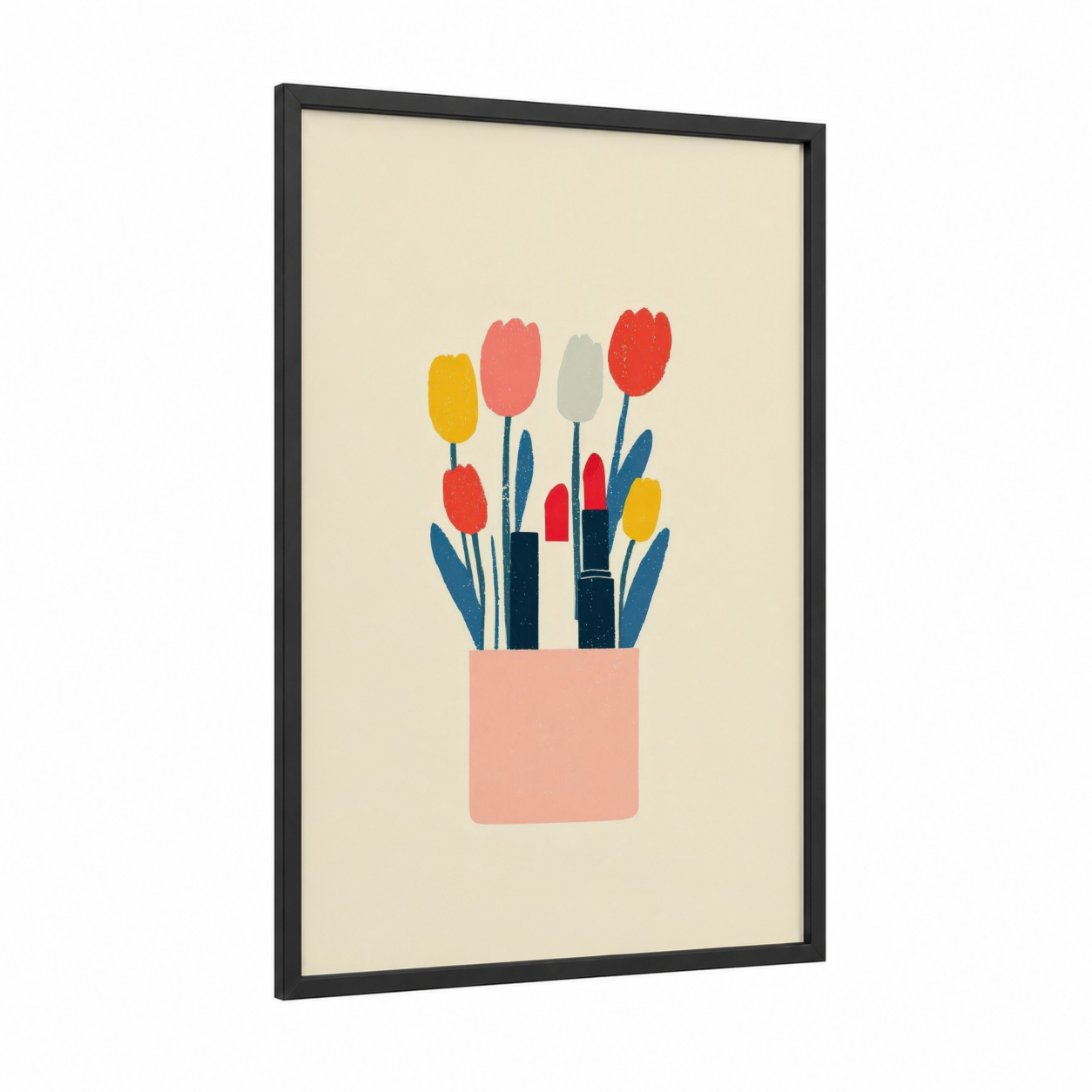 Lipstick Bouquet framed make up print — black wood frame — cream and salmon pink palette