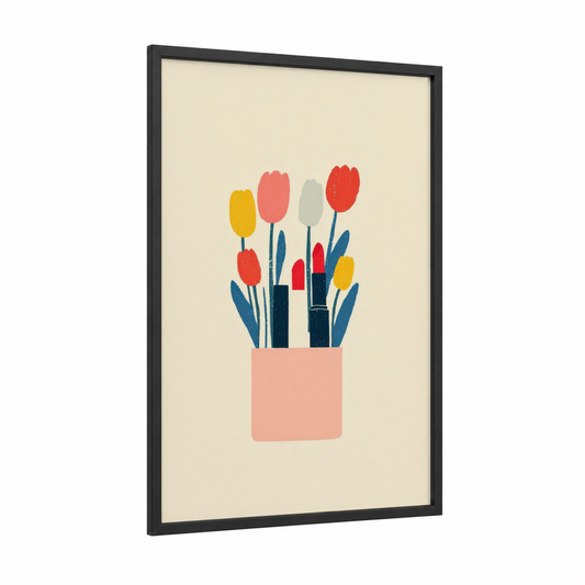 Lipstick Bouquet framed make up print — black wood frame — cream and salmon pink palette