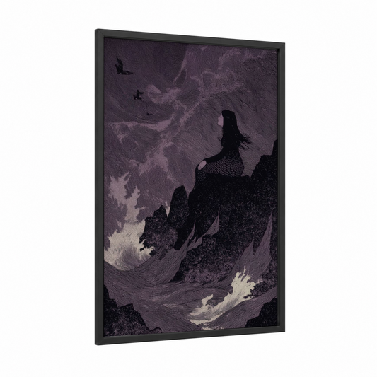 Cliff Siren framed dark fantasy print — black wood frame — lavender and black palette