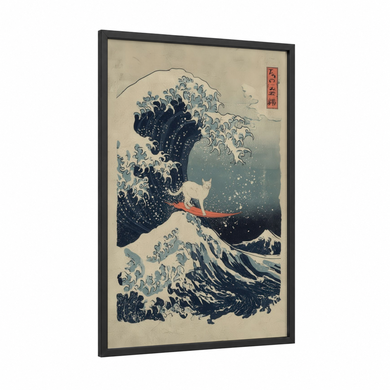 Great Wave Cat framed art print — black wood frame — black and white and dark blue palette