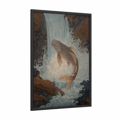Golden Koi Leap framed koi fish print — black wood frame — gold and blue and gray palette