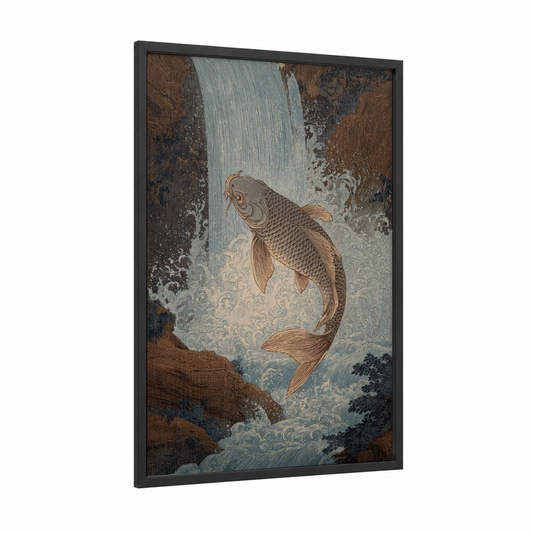 Golden Koi Leap framed koi fish print — black wood frame — gold and blue and gray palette