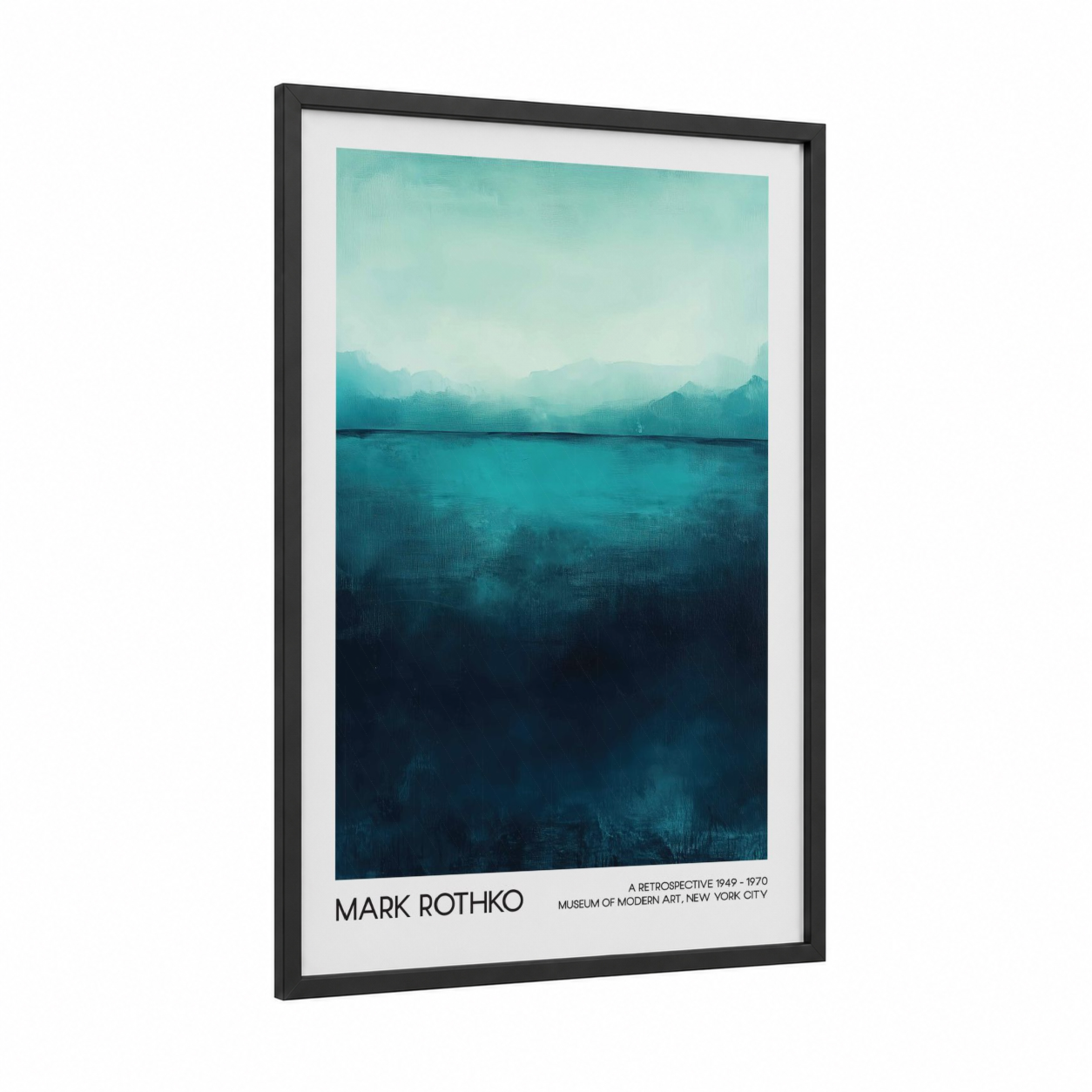 Misty Lake Horizon framed abstract classic print — black wood frame — teal and dark blue palette