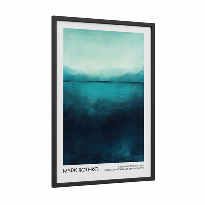 Misty Lake Horizon framed abstract classic print — black wood frame — teal and dark blue palette