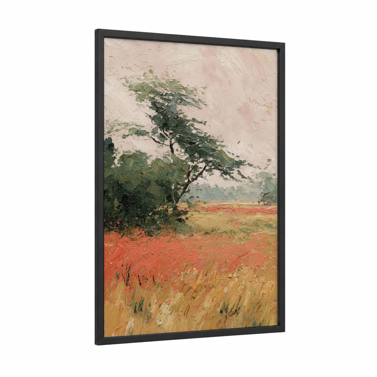 Windswept Acacia framed savanna and desert trees print — black wood frame — peach and true green palette