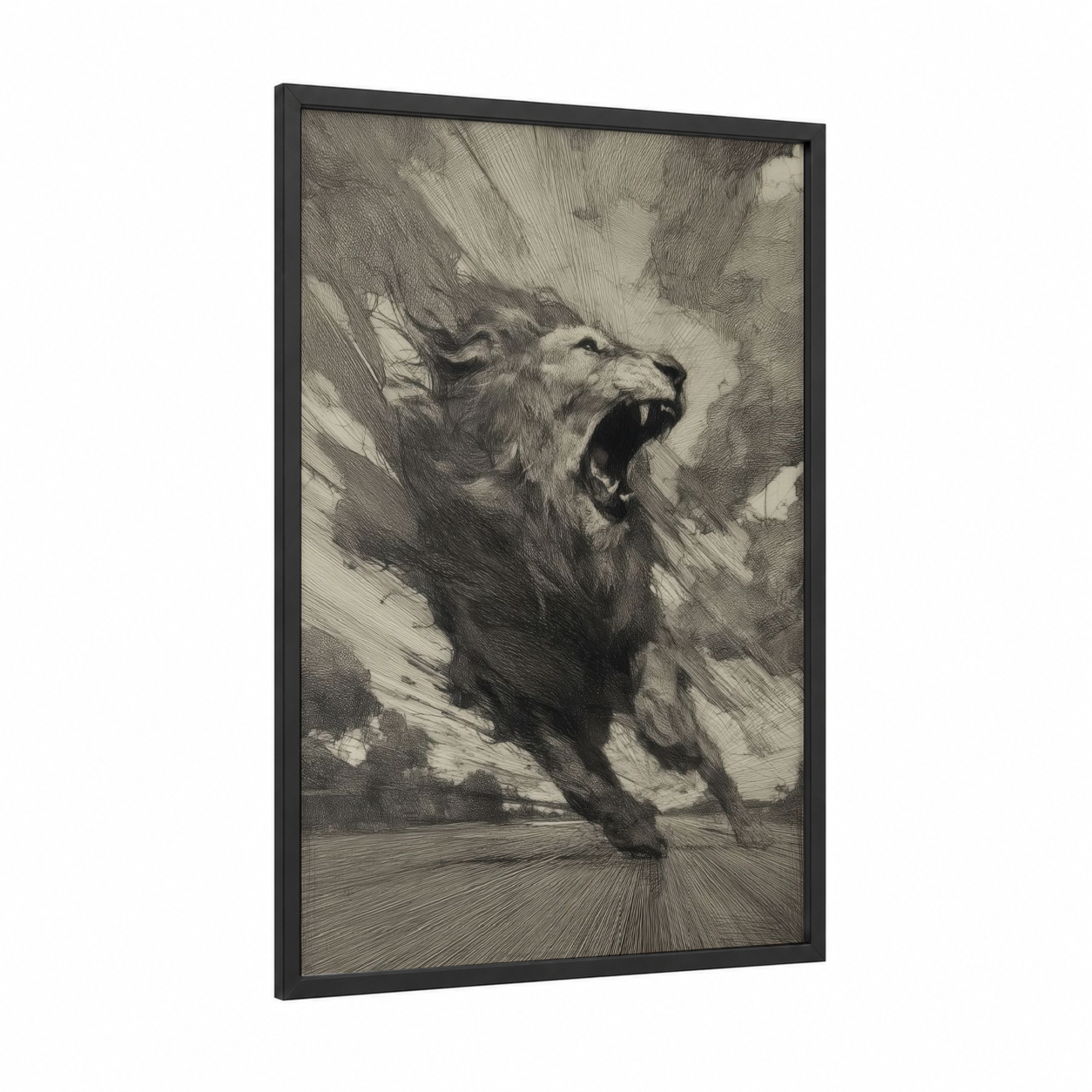 Roaring Lion framed art print — black wood frame — black and white and gray palette