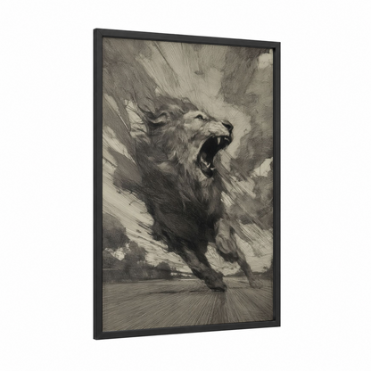 Roaring Lion framed art print — black wood frame — black and white and gray palette