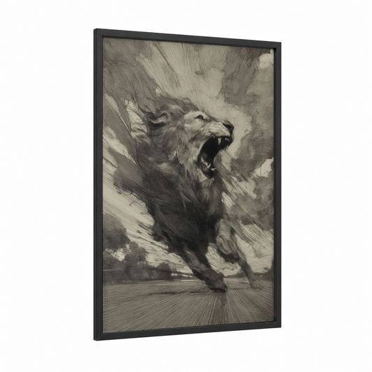 Roaring Lion framed art print — black wood frame — black and white and gray palette