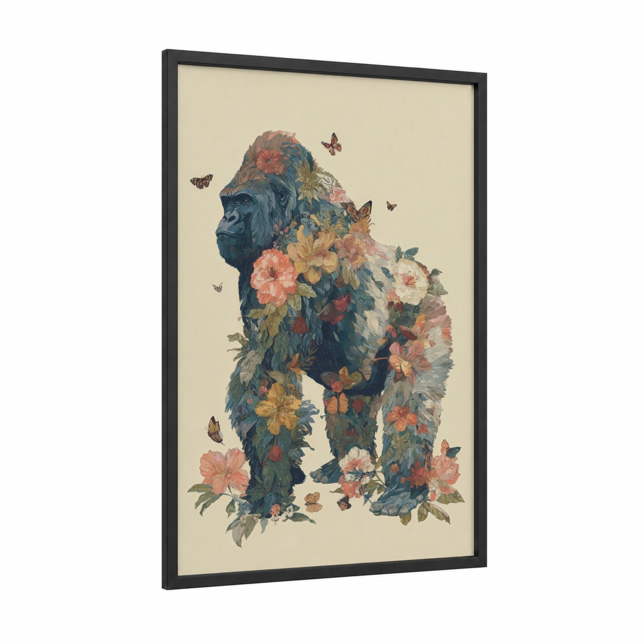 Floral Gorilla framed art print — black wood frame — cream and peach palette