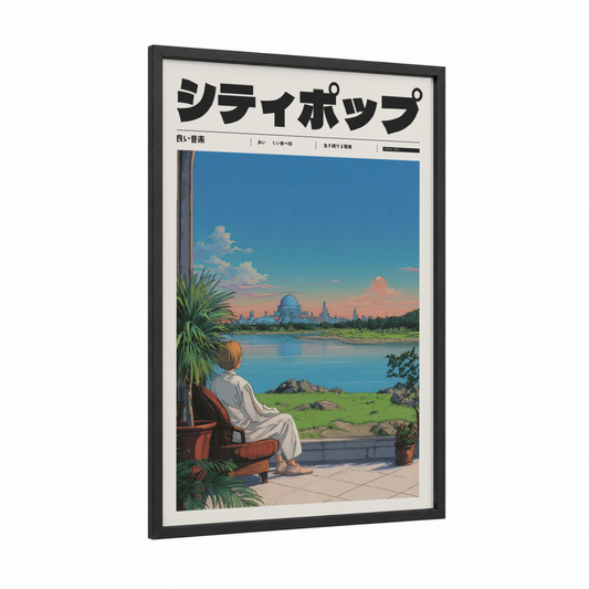 Futuristic Reverie framed anime and manga print — black wood frame — blue and gold palette