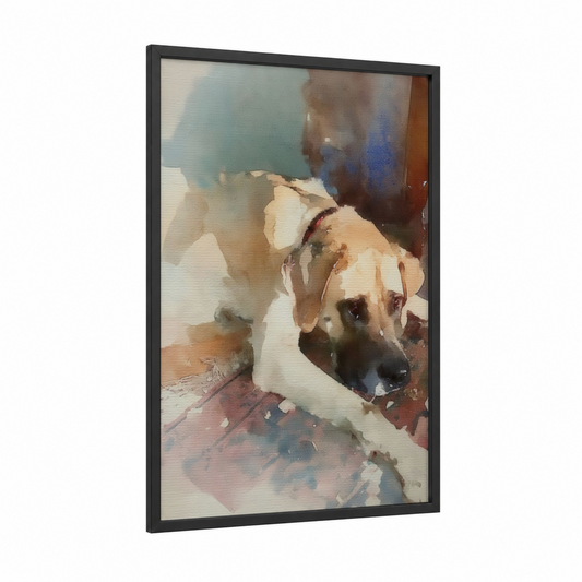 Gentle Mastiff framed art print — black wood frame — cream and beige palette