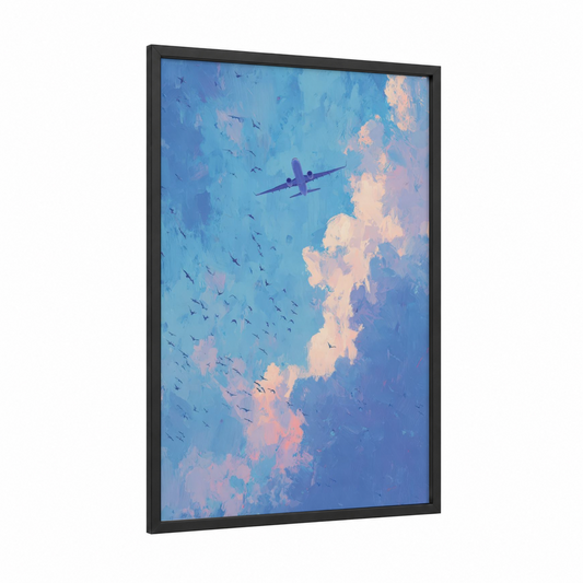 Soaring Heights framed commercial plane print — black wood frame — blue and peach palette