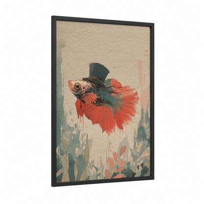 Gentleman Betta Fish framed fighting fish print — black wood frame — red and teal palette