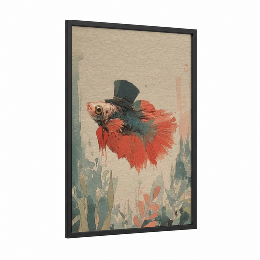 Gentleman Betta Fish framed fighting fish print — black wood frame — red and teal palette