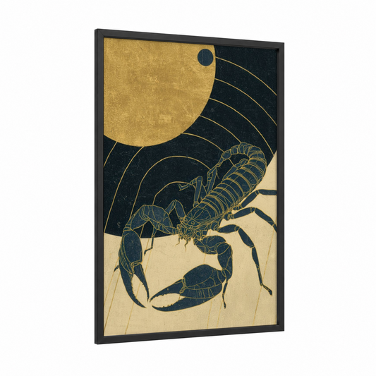 Celestial Scorpio framed art print — black wood frame — gold and black palette