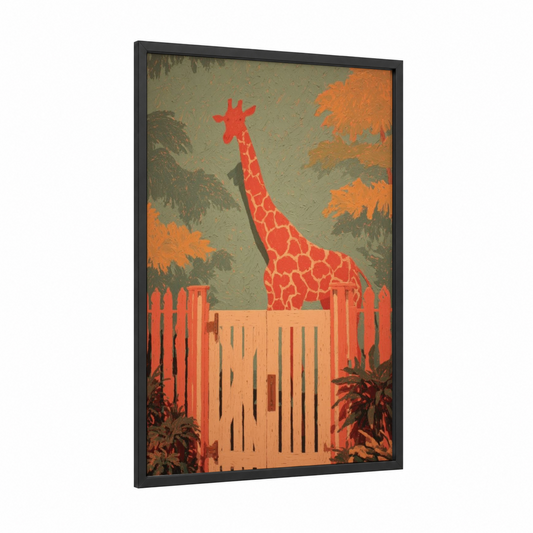 Crimson Gate Giraffe framed art print — black wood frame — red and olive palette