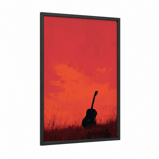 Crimson Sunset Guitar framed acoustic guitar print — black wood frame — red and orange palette