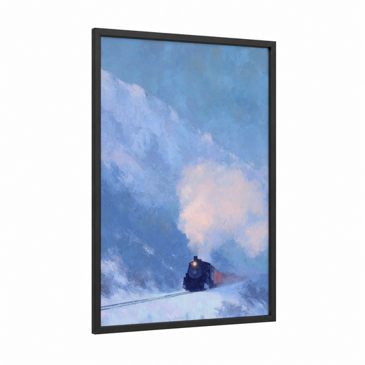 Snowy Train Adventure framed art for boy print — black wood frame — blue and white palette