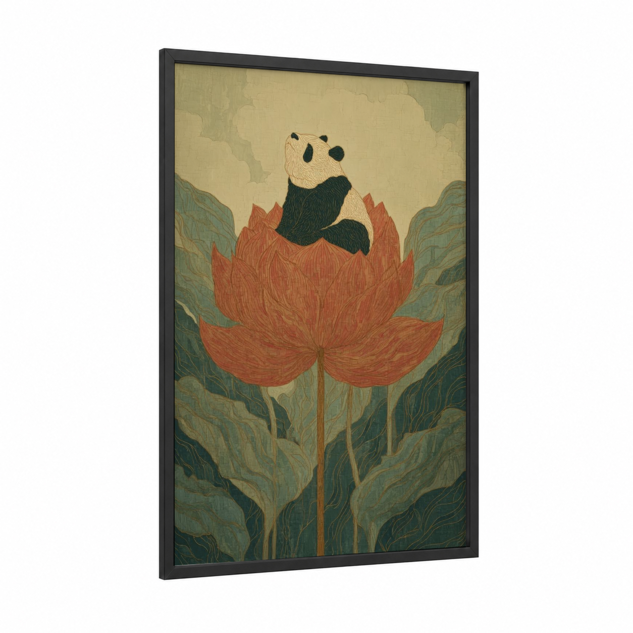 Lotus Panda framed art print — black wood frame — sage green and russet palette
