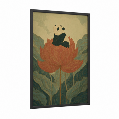Lotus Panda framed art print — black wood frame — sage green and russet palette