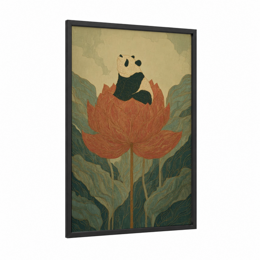 Lotus Panda framed art print — black wood frame — sage green and russet palette