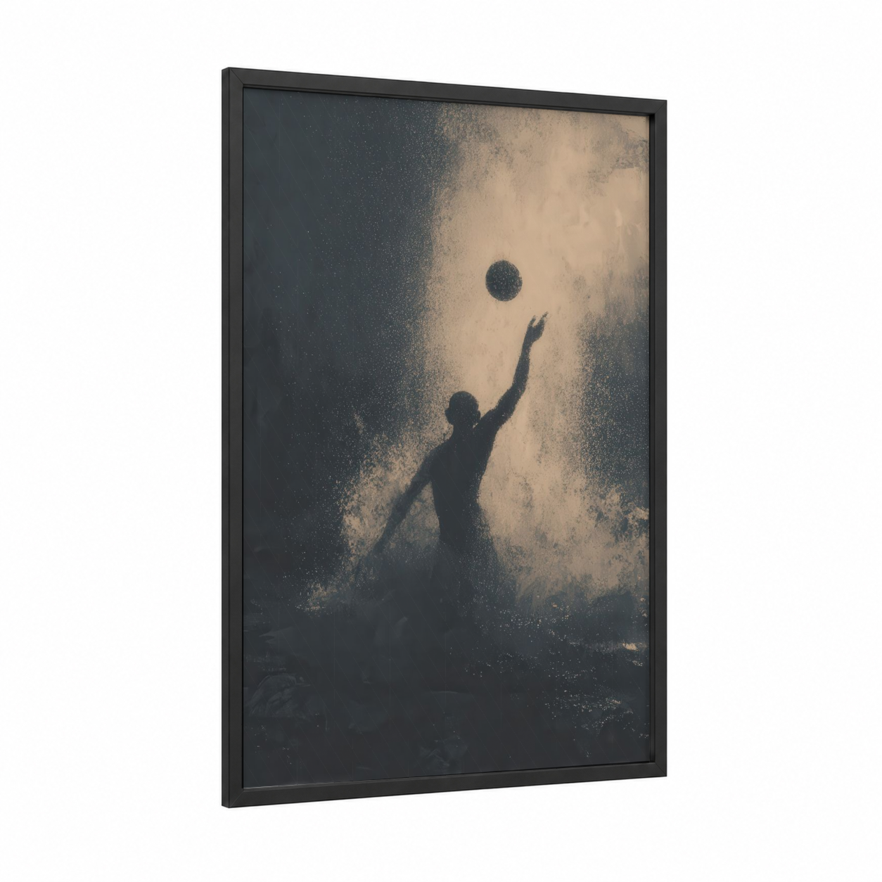 Ascending Athlete framed water polo print — black wood frame — gray and gold palette