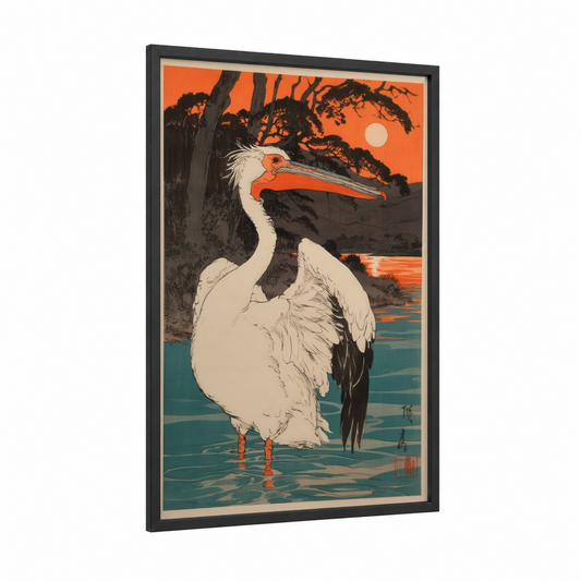 Sunset Pelican framed art print — black wood frame — orange and teal palette