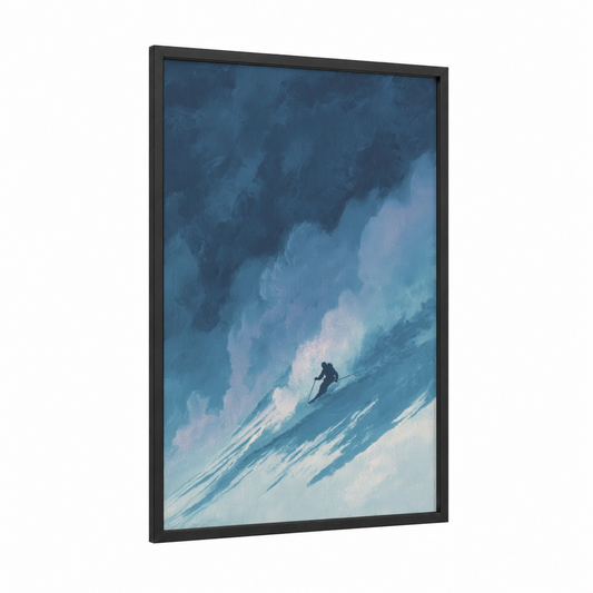 Alpine Descent framed skiing print — black wood frame — blue and white palette