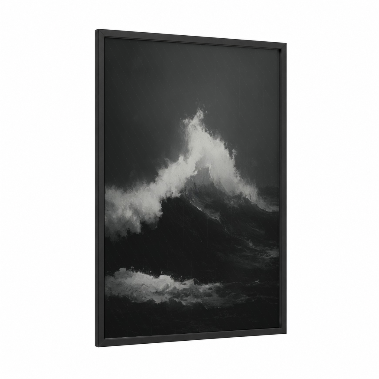 Crashing Wave framed seascapes and ocean print — black wood frame — black and white and gray palette