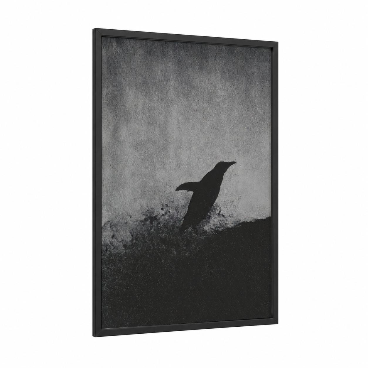 Diving Penguin framed art print — black wood frame — black and white and gray palette