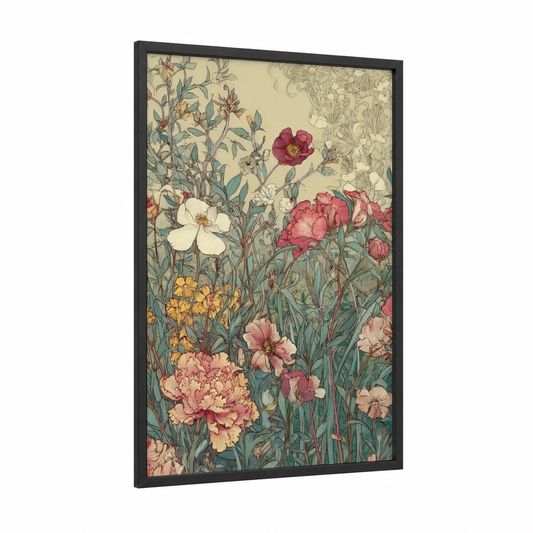 Vintage Flower Field framed art print — black wood frame — cream and pink palette