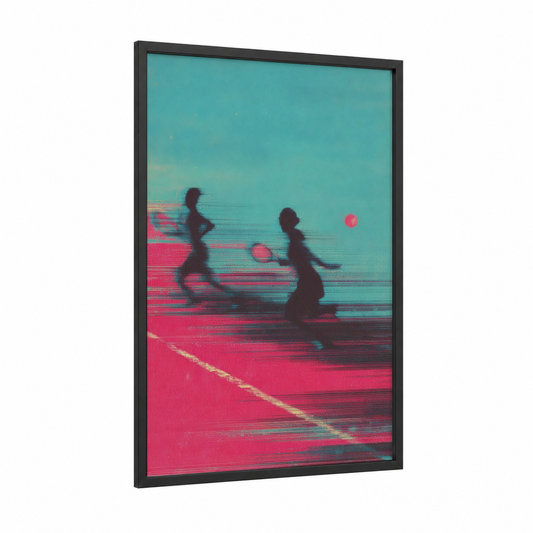 Neon Tennis Match framed art print — black wood frame — magenta and turquoise palette