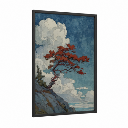 Crimson Arbutus framed arbutus tree print — black wood frame — blue and red palette
