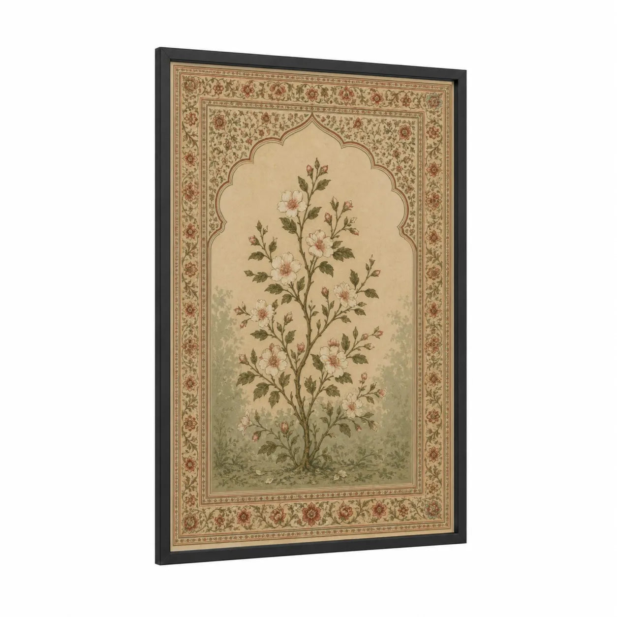 Persian Floral Botanical Wall Art framed flower print — black wood frame — beige and sage green palette