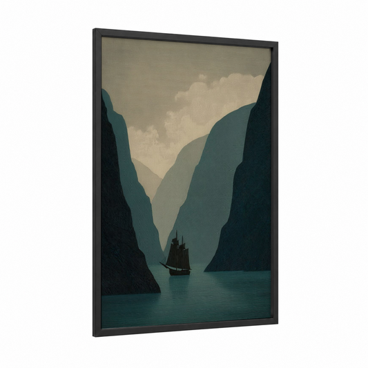Canyon Passage framed old ships print — black wood frame — teal and cream palette