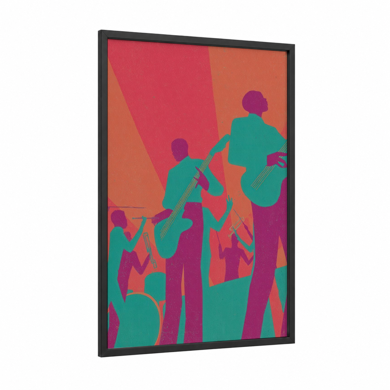 Funk Band Groove framed art print — black wood frame — teal and magenta palette