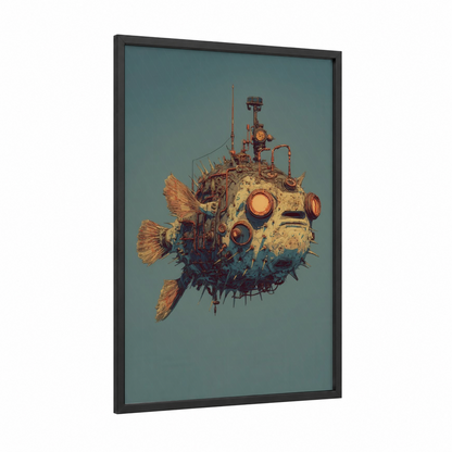 Steampunk Puffer Fish framed art print — black wood frame — teal and gold palette