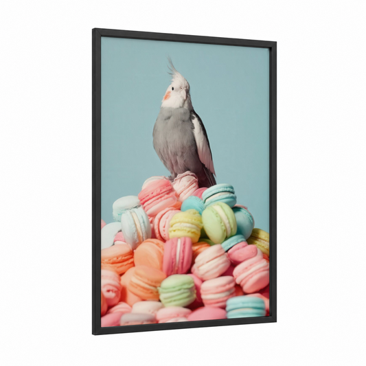 Pastel Cockatiel framed art print — black wood frame — pink and light green palette