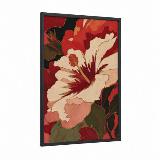 Crimson Hibiscus framed art print — black wood frame — red and cream palette