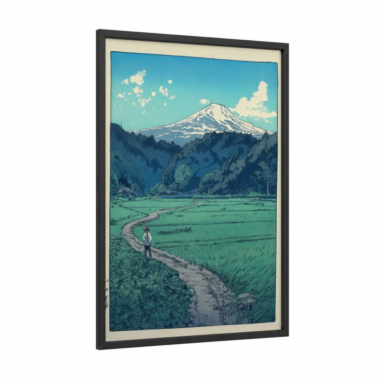Mount Fuji Pathway framed various landscapes print — black wood frame — blue and light green palette