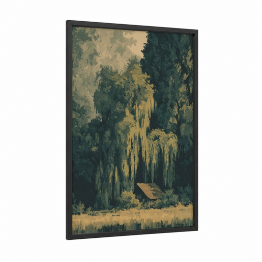 Weeping Willow Retreat framed willow forest print — black wood frame — dark green and yellow gold palette