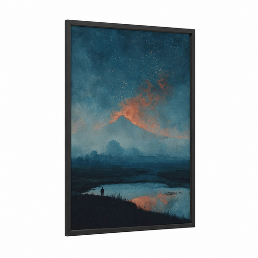 Volcanic Nightscape framed volcano print — black wood frame — dark blue and gold palette