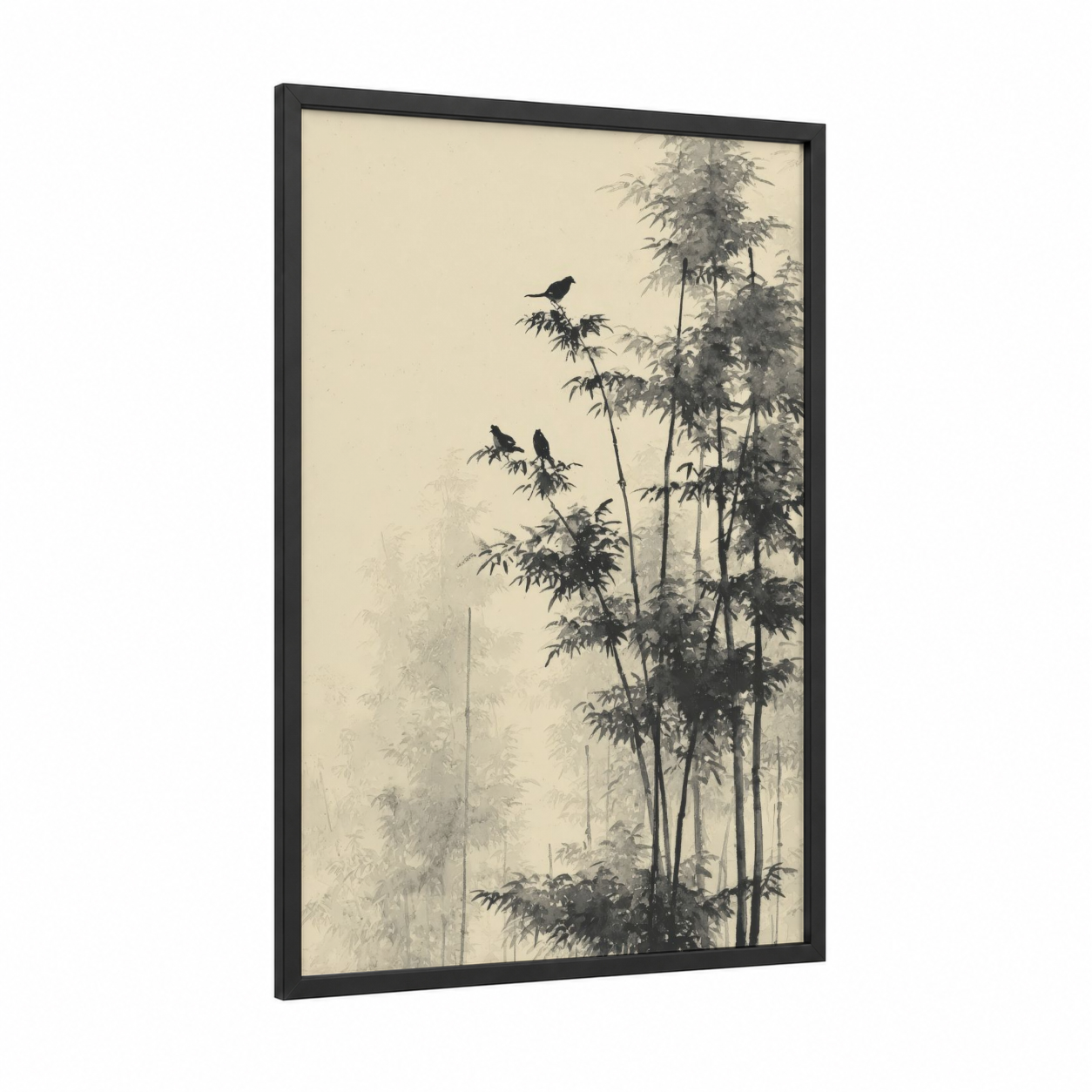 Misty Bamboo Forest framed bamboo jungle print — black wood frame — black and white and gray palette