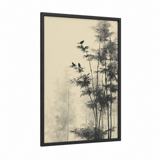 Misty Bamboo Forest framed bamboo jungle print — black wood frame — black and white and gray palette