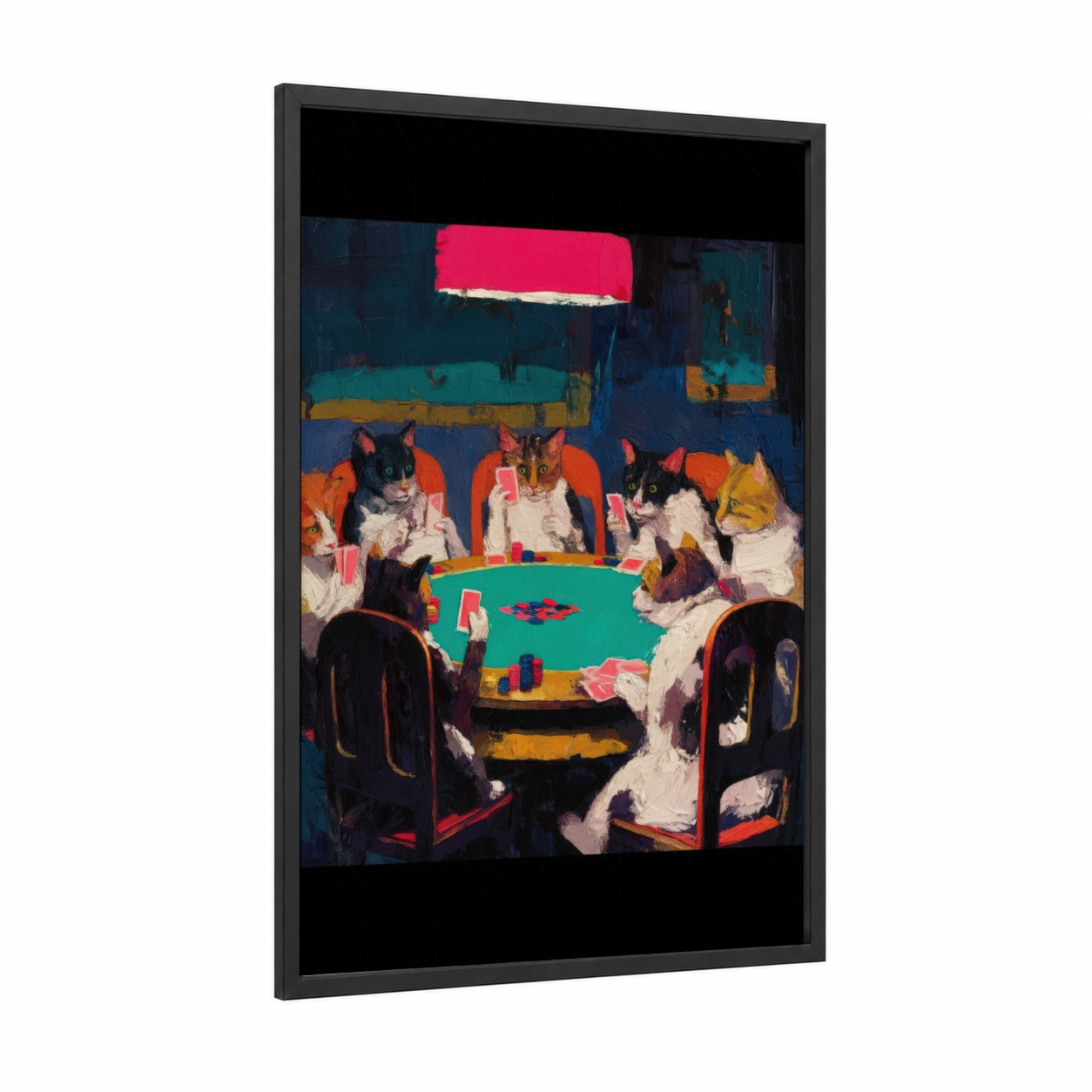 Poker Cats Game framed art print — black wood frame — blue and orange palette
